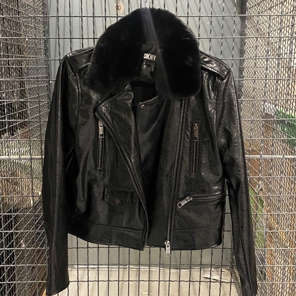 DKNY Shiny Black Jacket with Plush Collar moto style amazing S - Picture 1 of 5